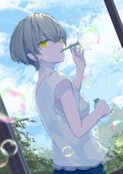  1girl absurdres alpakakkax2 backlighting blowing_bubbles blue_sky breasts bubble clouds commentary_request crying crying_with_eyes_open day grey_hair highres looking_back original outdoors shirt sky sleeveless sleeveless_shirt small_breasts soap_bubbles standing tears white_shirt yellow_eyes 