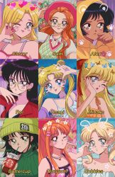  6+girls aino_minako alex_(totally_spies!) bishoujo_senshi_sailor_moon black_hair blonde_hair blossom_(ppg) blue_eyes blush bubbles_(ppg) buttercup_(ppg) character_name clover_(totally_spies!) commentary crescent crescent_facial_mark eyelashes facial_mark fingernails glasses green_eyes green_hair hanavbara highres hino_rei holding jewelry long_fingernails looking_at_viewer multiple_girls necklace one_eye_closed orange_hair powerpuff_girls purple_nails red_nails ring sam_(totally_spies!) totally_spies! tsukino_usagi twintails 