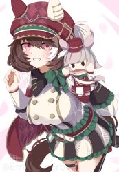 1girl absurdres animal_ears belt black_skirt blush bow breasts brown_hair cape commentary_request ear_covers ears_through_headwear empty_gerbera green_bow hair_between_eyes hand_puppet hat highres horse_ears horse_girl horse_tail jacket large_breasts leaning_forward long_sleeves looking_at_viewer marche_lorraine_(racing)_(umamusume) marche_lorraine_(umamusume) mismatched_ear_covers open_mouth puppet red_belt red_cape short_hair skirt smile solo tail thigh_strap umamusume violet_eyes white_jacket white_skirt 