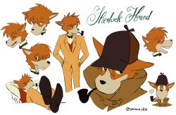  1boy black_eyes bow bowtie bright_pupils closed_eyes commentary_request copyright_name deerstalker dog_boy furry furry_male hands_in_pockets hat highres legs_on_table male_focus meitantei_holmes multiple_views open_mouth pants sherlock_holmes_(meitantei_holmes) simple_background smoking smoking_pipe sutaneko white_pupils yellow_pants 
