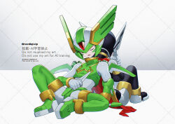  2boys armor black_armor black_helmet closed_eyes forehead_jewel green_armor green_helmet grey_background helmet hidden_phantom_(mega_man) mega_man_(series) mega_man_zero_(series) multiple_boys sage_harpuia_(mega_man) sleeping solo_focus watermark yamanashi_taiki 