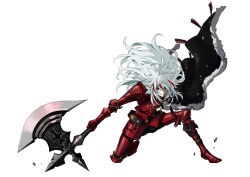  1boy alter_servant armor axe battle_axe blue_eyes braid cape fate/strange_fake fate_(series) full_body heki0529 highres holding holding_axe long_hair looking_at_viewer male_focus multicolored_hair on_one_knee red_streaks richard_i_(fate) simple_background single_braid solo streaked_hair weapon white_background 