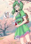 absurdres alternate_costume backpack bag belt cherry_blossoms drink fire_emblem fire_emblem_fates glasses green_hair hair_bun highres holding holding_drink igni_tion kana_(female)_(fire_emblem) kana_(fire_emblem) midori_(fire_emblem) outdoors short_twintails siblings sisters talking_on_phone twintails violet_eyes 