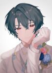  1boy black_hair blue_flower blue_rose closed_mouth collared_shirt flower formal gloves grey_vest head_rest highres jacket long_sleeves looking_at_viewer mahoutsukai_no_yakusoku male_focus pink_flower pink_rose piza-chan red_eyes rose shino_sherwood shirt smile solo vest white_background white_gloves white_jacket white_shirt 