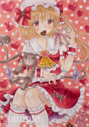  1girl ascot blonde_hair bow box box_of_chocolates brooch candy chocolate collared_shirt commentary_request crystal crystal_wings fang flandre_scarlet food food_in_mouth frilled_shirt_collar frilled_skirt frilled_wrist_cuffs frills hat hat_bow heart heart-shaped_box heart-shaped_chocolate heart-shaped_food heart_brooch highres holding holding_box jewelry kneehighs laevatein_(touhou) long_hair looking_at_viewer marker_(medium) mob_cap multicolored_wings one_side_up pink_background red_bow red_eyes red_skirt red_vest red_wrist_cuffs sample_watermark sarieru shirt skin_fang skirt skirt_set socks solo stuffed_animal stuffed_toy teddy_bear touhou traditional_media valentine vest watermark white_hat white_shirt white_socks wings wrapped_candy wrist_cuffs yellow_ascot 