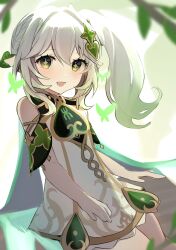 1girl :d absurdres bare_shoulders bloomers blurry blurry_foreground blush braid branch bug butterfly cape commentary cross-shaped_pupils depth_of_field detached_sleeves dress genshin_impact glowing_butterfly gold_trim gradient_hair green_butterfly green_cape green_eyes green_hair green_sleeves hair_between_eyes hair_ornament high_side_ponytail highres jewelry leaf leaf_hair_ornament long_hair looking_at_viewer multicolored_hair nahida_(genshin_impact) nekomiya_mint open_mouth pointy_ears short_dress short_sleeves side_ponytail sidelocks sitting sleeveless sleeveless_dress smile solo symbol-shaped_pupils variant_set white_bloomers white_dress white_hair 