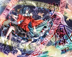  2girls black_hair black_ribbon black_skirt blue_dress blue_eyes blue_hair chinese_clothes closed_eyes closed_mouth commentary_request dress fingernails floating full_body gu_hu hair_ornament hair_rings hair_stick hat hat_ornament highres holding_hands jiangshi kaku_seiga lace-trimmed_sleeves lace_trim looking_afar magic_circle miyako_yoshika multiple_girls neck_ribbon newsboy_cap ofuda ofuda_removed purple_hat red_shirt ribbon sharp_fingernails shirt short_hair short_sleeves skirt smile star_(symbol) star_hat_ornament tangzhuang ten_desires touhou wide_sleeves 