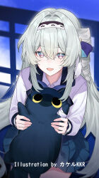  1girl alternate_costume alternate_hairstyle animal artist_name black_cat black_hairband blue_pupils cat commentary_request contrast_collar drill_hair firefly_(honkai:_star_rail) graphia_academy_school_uniform grey_hair hair_between_eyes hair_ornament hairband holding holding_animal holding_cat honkai:_star_rail honkai_(series) jacket long_hair looking_at_viewer multicolored_hairband open_mouth school_uniform shirt side_drill sitting skirt smile solo srpzk two-tone_hairband very_long_hair violet_eyes white_hairband white_jacket white_shirt 