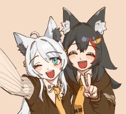  2girls :d animal_ear_fluff animal_ears black_hair blue_eyes brown_background closed_eyes commentary_request fox_ears fox_girl highres hololive long_hair multiple_girls necktie nichi714 one_eye_closed ookami_mio red_hair shirakami_fubuki simple_background smile sweater upper_body v white_hair wolf_ears wolf_girl yellow_necktie 