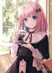  1girl aino_iris blue_eyes blunt_bangs closed_mouth commentary_request cup hachimitsu_monte holding holding_cup holding_plate indie_virtual_youtuber indoors long_hair long_sleeves looking_at_viewer pink_hair plate red_ribbon ribbon signature smile solo tea teacup virtual_youtuber window 