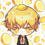  1boy black_coat black_gloves black_pants blonde_hair chibi closed_mouth coat collared_shirt colored_eyelashes commentary food frown fruit gloves lemon limbus_company long_sleeves lowres male_focus necktie open_clothes open_coat pants project_moon red_necktie shirt short_hair sinclair_(limbus_company) somangsticker suspenders white_shirt yellow_eyes 
