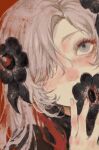  1girl black_coat black_flower blush bow close-up coat flower flower_over_mouth grey_eyes grey_hair gui_mu_(syndrome1002) hair_flower hair_ornament hair_over_one_eye holding holding_flower isekai_joucho kamitsubaki_studio long_hair looking_up multicolored_hair nose_blush red_bow redhead simple_background solo two-tone_hair virtual_youtuber 