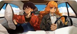  2girls artist_name black_hair black_tank_top blue_pants blue_sky car_interior cigarette clouds collared_shirt commentary dated driving freckles frown green_eyes grey_jacket highres ishmael_(project_moon) jacket left-hand_drive limbus_company long_hair looking_at_viewer looking_to_the_side multiple_girls orange_hair pants project_moon red_eyes red_jacket ryoshu_(project_moon) shirt short_hair sky smoking steering_wheel tank_top untranslatable_commentary upper_body vanlulu white_shirt 
