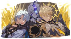  3boys antenna_hair armor artist_name belt black_belt black_bodysuit black_cape black_choker black_shirt blonde_hair blue_cape bodysuit border cape chest_belt choker closed_eyes closed_mouth collarbone cracked_skin day drooling english_commentary fire gauntlets grey_hair hair_between_eyes halo halo_behind_head highres honkai:_star_rail honkai_(series) hood hooded_cape jacket leaning_on_person leaning_to_the_side long_hair_between_eyes long_sleeves male_focus multiple_boys multiple_persona open_mouth outdoors outside_border pale_skin pauldrons phainon_(flame_reaver)_(honkai:_star_rail) phainon_(honkai:_star_rail) phainon_(khaslana)_(honkai:_star_rail) purple_fire rin_(rin_gosan) shadow shirt short_hair shoulder_armor single_gauntlet single_pauldron sitting sleeping sun_symbol tree upper_body weeds white_border white_hair white_jacket yellow_halo 