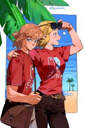  1boy 1girl artist_name beach bjbabababa blonde_hair blue_sky carrying clouds day highres link ocean outdoors palm_tree princess_carry princess_zelda sand signature sky the_legend_of_zelda the_legend_of_zelda:_tears_of_the_kingdom tree twitter_username water 