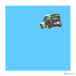  blue_background border commentary_request ford ford_fiesta hoonigan in_memoriam kayatsu_urotoma ken_block monster_energy no_humans real_life simple_background spoiler_(automobile) twitter_username vehicle_focus white_border 