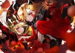  2girls artist_request black_horns blonde_hair chalice child crown fate/grand_order fate_(series) flower horns multiple_girls nero_claudius_(fate) petals queen_draco_(fate) red_eyes red_flower red_rose rose rose_petals tagme 