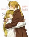  1boy 1girl =3 blonde_hair blush brown_coat closed_eyes closed_mouth coat couple dated ear_blush earrings edward_elric fullmetal_alchemist heart height_difference hetero highres hug jacket jewelry long_hair long_sleeves open_clothes ozaki_(tsukiko3) parted_bangs pink_shirt ponytail shirt sigh simple_background smile spoken_heart sweatdrop upper_body white_jacket winry_rockbell yellow_eyes 