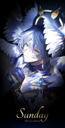  1boy absurdres black_gloves blue_pupils character_name commentary_request crying crying_with_eyes_open earrings elbow_gloves english_text eyelashes feathered_wings floating_earrings glint gloves hair_between_eyes halo halo_behind_head head_wings highres honkai:_star_rail honkai_(series) jewelry korean_commentary looking_at_viewer looking_up lucky_mimi12 male_focus own_hands_clasped own_hands_together parted_lips praying ring scarf smile solo star_(sky) starry_sky_background sunday_(honkai:_star_rail) tears upper_body white_scarf white_wings wings yellow_eyes 