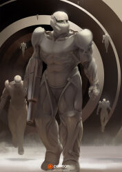  6+boys armor collarbone commentary english_commentary full_armor full_body gauntlets green_eyes gun hammk helmet highres holding holding_gun holding_weapon multiple_boys muscle_cuirass original patreon_logo patreon_username power_armor science_fiction solo_focus standing watermark weapon 