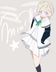 ! 1girl absurdres artist_name asymmetrical_bangs asymmetrical_hair black_jacket black_kneehighs black_sleeves blonde_hair blue_eyes blush bowtie character_name collared_shirt commentary_request cowboy_shot dot_nose eyelashes green_bow green_bowtie grey_background grey_skirt hair_over_one_eye hand_in_pocket heart highres jacket kneehighs legs_together letterman_jacket long_sleeves looking_to_the_side love_live! love_live!_nijigasaki_high_school_idol_club messy_hair mia_taylor milkcel multicolored_bow multicolored_bowtie non-web_source open_clothes open_jacket parted_lips plaid plaid_clothes plaid_skirt pleated_skirt school_uniform short_hair simple_background skirt skirt_lift smile standing star_(symbol) striped striped_jacket translation_request two-tone_background two-tone_jacket two-tone_skirt white_background white_bow white_bowtie white_jacket white_shirt white_skirt wolf_cut yellow_bow yellow_bowtie