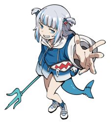  1girl blue_eyes blue_hoodie blue_nails blue_streaks blunt_bangs commentary drawstring english_commentary fins fish_skeleton fish_tail foreshortening from_above full_body gawr_gura gawr_gura_(1st_costume) grey_hair grin hair_ornament highres holding holding_polearm holding_weapon hololive hololive_english hood hoodie invisible_floor long_hair looking_at_viewer looking_up multicolored_hair nadrasu nail_polish no_pants polearm reaching reaching_towards_viewer shark_girl shark_hair_ornament shark_print shark_tail sharp_teeth shoes sidelocks simple_background smile sneakers solo standing streaked_hair tail teeth trident two-tone_hair two_side_up virtual_youtuber weapon white_background white_shoes 