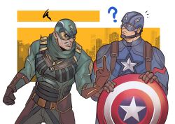  absurdres blue_bodysuit blue_eyes bodysuit bulletproof_vest captain_america captain_america_(series) gloves green_bodysuit highres holding marvel middle_finger shield soldier_boy_(the_boys) star_(symbol) superhero_costume tazahan the_boys 