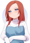  1girl animification apex_legends ashleigh_reid blue_dress blue_eyes blush breasts dress frown gloves head_tilt highres long_hair looking_at_viewer medium_breasts nagoooon_114 orange_hair solo sweatdrop upper_body v-shaped_eyebrows white_gloves 