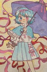  1girl ^^^ absurdres aqua_capelet aqua_eyes aqua_hair blonde_hair capelet closed_mouth commentary_request cowboy_shot hair_ribbon heterochromia highres holding holding_umbrella long_sleeves looking_at_viewer marker_(medium) pink_ribbon purple_umbrella red_ribbon ribbon salt_(saltty) shirt short_hair signature solo tatara_kogasa touhou traditional_media umbrella violet_eyes wavy_mouth white_shirt 