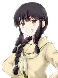  1girl absurdres black_hair blunt_bangs braid grin highres kantai_collection kitakami_(kancolle) kitakami_kai_ni_(kancolle) looking_at_viewer matsuura@parao one-hour_drawing_challenge school_uniform serafuku sidelocks single_braid smile solo upper_body violet_eyes white_background 