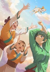  3girls arms_up bandaged_arm bandages blue_eyes blue_sky blunt_bangs blush braid breasts brown_eyes brown_hair cat closed_eyes closed_mouth clouds cloudy_sky cowboy_shot day dutch_angle eyelashes freckles hair_ornament hair_rings highres hutarikiri2025 kusuriya_no_hitorigoto low_twintails maomao_(kusuriya_no_hitorigoto) medium_breasts multiple_girls one_side_up open_mouth outdoors shisui_(kusuriya_no_hitorigoto) sidelocks sky small_breasts smile twintails upper_body violet_eyes xiaolan_(kusuriya_no_hitorigoto) 