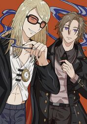  2boys absurdres black_jacket black_nails black_necktie black_pants blonde_hair cigarette daybit_sem_void fate/grand_order fate_(series) highres holding holding_cigarette jacket jewelry long_hair long_jacket looking_at_viewer male_focus medallion midriff midriff_peek multiple_boys necklace necktie open_clothes open_jacket orange-tinted_eyewear orange_background pants shirt short_hair simple_background smile smoke sunglasses tezcatlipoca_(fate) tinted_eyewear trench_coat violet_eyes white_shirt zun_arima 