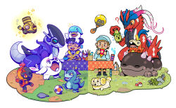  ! 1boy 1girl ? absurdres alternate_color aqua_hat aqua_jacket arctibax ball ball_hands berry_(pokemon) black_hair black_shoes blue_socks blush blush_stickers bottle bread brown_hair butter_knife cetoddle charcadet clodsire closed_eyes closed_mouth collared_shirt colored_sclera commentary double_bun drooling egg english_commentary eyelashes fidough flaming_eye floating flower flying_sweatdrops food fuecoco gimmighoul gimmighoul_(roaming) grass hair_bun hat headband highres holding holding_bottle holding_food holding_knife holding_pokemon horns jacket jar knife koraidon lips long_sleeves miraidon mole mole_under_eye mustard_bottle non-humanoid_robot nostrils notice_lines o_o on_head open_mouth oran_berry orange_eyes picnic_basket picnic_table plate playing pokemon pokemon_(creature) pokemon_egg pokemon_on_head pokemon_scarlet_and_violet purple_headband purple_shoes quaxly robot rock saliva scared school_uniform shiny_pokemon shirt shoes simple_background single_horn smile smoliv soanjaconnac soccer_ball socks sparkle split_screen split_theme standing standing_on_one_leg sweatdrop table tablecloth tadbulb teeth togepi_egg tongue tongue_out upper_teeth_only uva_academy_school_uniform varoom vest white_background white_shirt yellow_sclera yellow_vest 