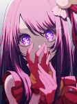  1girl commentary covering_mouth dress frilled_dress frilled_gloves frills gloves hair_ornament hand_over_own_mouth highres hoshino_ai_(oshi_no_ko) idol kotoko0 long_hair multicolored_eyes oshi_no_ko pink_dress pink_eyes pink_gloves purple_hair rabbit_hair_ornament sidelocks solo sparkle star-shaped_pupils star_(symbol) symbol-shaped_pupils turtleneck_dress twitter_username violet_eyes 