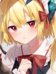  1girl alternate_costume blonde_hair blurry blush bow bowtie close-up crystal depth_of_field enmaided fang flandre_scarlet frilled_shirt_collar frills hair_between_eyes hair_bow half-closed_eyes highres jitome light_particles looking_at_viewer maid maid_headdress one_side_up parted_lips red_bow red_bowtie red_eyes simple_background skin_fang solo suikario touhou wings 