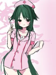  1girl 2000s_(style) absurdly_long_hair adorable blush buttons clipboard closed_mouth colorful_background cowboy_shot cute cutecore dot_nose dress eyebrows_visible_through_hair faux_retro_artstyle female female_only girl gradient gradient_background green_eyes grey_hair holding holding_clipboard holding_syringe kawaii kawaiicore kitty_17a long_hair looking_at_viewer moe multicolored_background nurse nurse_cap pale_skin parted_bangs pink_background pink_cap pink_dress saya_(saya_no_uta) saya_no_uta short_sleeves smile solo split_mouth syringe two-tone_background white_background wholesome 