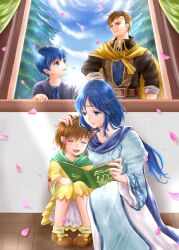  2boys 2girls aplche blue_eyes blue_hair book brown_hair child commentary_request elena_(fire_emblem) falling_petals family fire_emblem fire_emblem:_path_of_radiance greil highres ike_(fire_emblem) long_hair mist_(fire_emblem) multiple_boys multiple_girls open_book parent_and_child petals short_hair sky smile window 