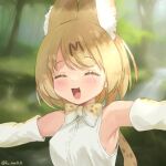  1girl animal_ears bare_shoulders blonde_hair blush cat_ears cat_girl cat_tail closed_eyes commentary elbow_gloves extra_ears fuutea0w0 gloves highres kemono_friends open_mouth print_gloves serval_(kemono_friends) serval_print shirt short_hair smile solo tail white_gloves white_shirt 