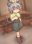  1boy :3 animal_ears blurry blurry_background blush boots box brown_footwear capelet cardboard_box closed_mouth commentary cookie_(touhou) drddrddo full_body genderswap genderswap_(ftm) grey_hair grey_shirt grey_shorts hair_between_eyes highres indoors long_bangs looking_at_viewer male_focus mouse_boy mouse_ears mouse_tail nazrin nyon_(cookie) red_eyes shelf shirt short_hair shorts smile socks solo tail touhou white_capelet white_socks 