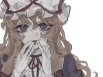  1girl blonde_hair bow bowtie frilled_hat frilled_shirt_collar frills hair_bow hands_on_own_cheeks hands_on_own_face hat hat_ribbon highres long_hair looking_at_viewer mob_cap red_bow red_ribbon ribbon shindiyue solo tongue tongue_out touhou white_background yakumo_yukari 