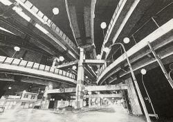  building city crosshatching greyscale hatching_(texture) highres ibsukionsen lamppost monochrome night no_humans original outdoors overpass scenery traditional_media traffic_light 