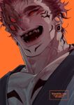  1boy absurdres asahito_asa chin collarbone ear_piercing evil_smile extra_eyes facial_tattoo highres jujutsu_kaisen male_focus neck_tattoo open_mouth orange_background piercing pink_hair portrait red_eyes ryoumen_sukuna_(jujutsu_kaisen) short_hair simple_background smile solo tattoo thick_eyebrows veiny_neck 