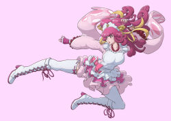  1girl absurdres apron bleach bleach:_sennen_kessen-hen boots borrowed_design bow commentary dress english_commentary fingerless_gloves flying_kick frilled_dress frills full_body gloves highres kicking knee_boots lace-up_boots layered_dress maid maid_headdress meninas_mcallon pink_bow pink_dress pink_eyes pink_hair purple_gloves ribbon-trimmed_thighhighs ribbon_trim sleeves_past_wrists solo sonzhondaya thigh-highs white_apron white_boots white_thighhighs 