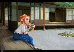  agent_8_(splatoon) architecture backyard blue_skirt book building commentary commentary_request dirt east_asian_architecture from_side holding holding_book house long_skirt octoling open_book outdoors plant pleated_skirt potted_plant rock rock_garden scenery shirt shouji sitting skirt sliding_doors splatoon_(series) splatoon_3 suction_cups sunset tanukichikushin tentacle_hair tree veranda white_shirt wooden_beam wooden_floor yellow_eyes 