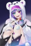  1girl animal_hood bandaid bandaid_on_leg bear_hood blue_eyes commentary eating fangs hair_ornament hairclip heterochromia highres holding holding_spoon hood hood_up hoodie nijisanji nijisanji_en open_mouth pink_eyes purple_hair ramubu_(ramb_uu) selen_tatsuki selen_tatsuki_(3rd_costume) short_hair smile solo spoon symbol-only_commentary white_hoodie 