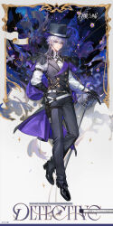  1boy absurdres arm_behind_back black_hat black_pants black_shoes black_vest cape capelet character_name chinese_text commentary_request copyright_name copyright_notice detective_(silver_palace) flower full_body grey_background gun handgun hat highres holding holding_sword holding_weapon holster holstered logo male_detective_(silver_palace) male_focus official_art pants picture_frame purple_cape purple_capelet purple_flower purple_hair rapier red_pupils revolver shirt shoes short_hair silver_palace solo sword thigh_holster top_hat vest violet_eyes waistcoat weapon white_shirt 