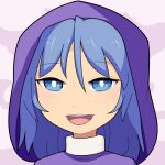  1girl blue_eyes blue_hair blush bright_pupils character_request commentary_request copyright_request hair_between_eyes halo hospital_king long_bangs long_hair looking_at_viewer open_mouth purple_hood purple_shirt round_teeth shirt smile solo teeth white_pupils 