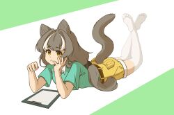 1girl arknights ass belt breasts brown_hair clipboard crossed_ankles feet green_background green_shirt hand_rest highres honeyberry_(arknights) long_hair medium_breasts mu_lin_di multicolored_hair possum_ears possum_girl possum_tail shirt shorts solo streaked_hair thigh-highs thighs toes twintails two-tone_background white_background white_hair white_thighhighs yellow_eyes yellow_shorts 