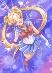  1girl bishoujo_senshi_sailor_moon blonde_hair blue_skirt blush bow choker circlet closed_eyes commentary double_bun full_body gloves hair_bun highres magical_girl parted_bangs parted_lips red_bow red_choker sailor_senshi_uniform signature skirt sparkle tsukino_usagi twintails umikuma white_gloves 