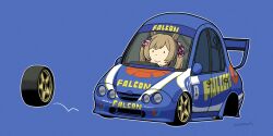  1girl animal_ears blue_background blue_car bow brown_hair car chibi closed_mouth driving ford ford_falcon hair_bow horse_ears horse_girl kayatsu_urotoma motor_vehicle purple_bow simple_background smart_falcon_(umamusume) smile solo spoiler_(automobile) twintails umamusume wheel 